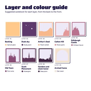 Layer and colour guide showing all nine layers with suggested cardstock colours, from apricot backing to oat cream frame.