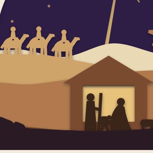 Close-up of the glowing stable with Mary, Joseph, the manger and a lamb, and the travellers on camels on the ridge behind.