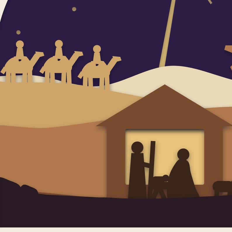 Close-up of the glowing stable with Mary, Joseph, the manger and a lamb, and the travellers on camels on the ridge behind.