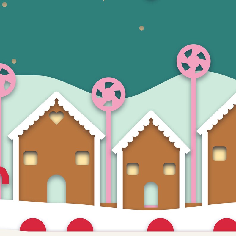 Close-up of the gingerbread houses with scalloped icing trim, glowing windows and swirly pink lollipops.