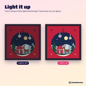 The bauble shadow box with the lights off and with fairy lights on, showing the moon and cabin windows glowing gold.