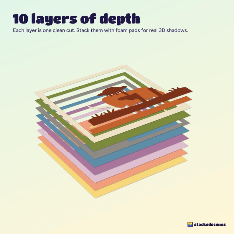 The ten cardstock layers of the Highland cow shadow box fanned out in 3D, from the yellow backing to the rust brown front.