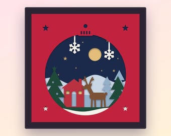 Christmas Bauble Shadow Box SVG, 9 Layer 3D Papercut for Cricut, Reindeer Cabin Snowflake Ornament Light Box Cut File