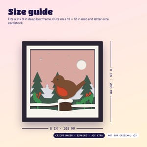 Size guide: the design is 8 x 8 inches (203 mm) and fits a 9 x 9 inch deep box frame. Works on Cricut Maker, Explore and Joy Xtra.