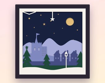 Christmas Shadow Box SVG, 7 Layer 3D Papercut for Cricut, Scottish Castle Winter Village Light Box Cut File, Highland Glen