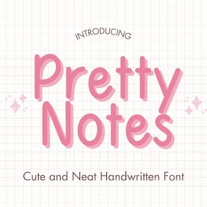 May include: A digital graphic featuring the text INTRODUCING in small dark letters above the large pink text Pretty Notes, followed by the text Cute and Neat Handwritten Font, all set against a white background with a light gray grid pattern.