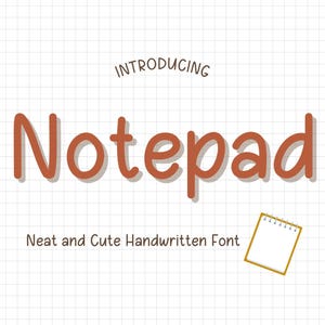 May include: Introducing Notepad, a neat and cute handwritten font. The text is displayed on a white grid background with a small notepad icon in the bottom right corner.