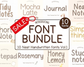 Puede incluir: Un banner de venta de productos digitales que presenta 10 fuentes manuscritas en un paquete. Las fuentes se muestran en varios estilos y colores, con nombres como "Tidy Notes", "Mocha Latte" y "Simple Things". El banner incluye el texto "FONT BUNDLE" y "10 Neat Handwritten fonts Vol.1".