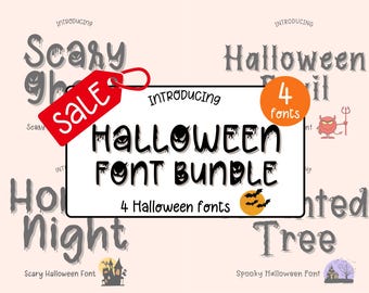 Puede incluir: Gráfico de un paquete de fuentes de Halloween con el texto "Halloween Font Bundle" y "4 Halloween fonts". La imagen incluye las palabras "Scary", "Night", "Evil" y "Tree" en un estilo de fuente espeluznante, con una etiqueta roja de "Sale".