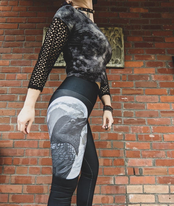 Moon Raven Leggings, High Waisted Yoga Leggings, Goth Crow