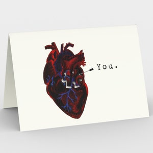 Pieza de mi corazón, tarjeta de felicitación de corazón anatómico, pieza de rompecabezas arte gótico de amor, cardíaca, biología, San Valentín, aniversario, atención médica,