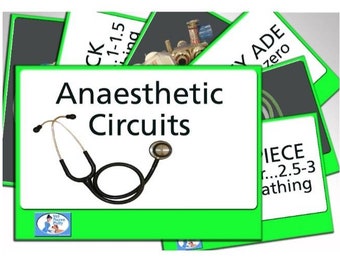 Puede incluir: Una tarjeta verde con el texto "Anaesthetic Circuits" y un estetoscopio negro sobre fondo blanco. La tarjeta forma parte de una pila de tarjetas con otros términos médicos.