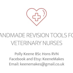 Puede incluir: Un coraz&oacute;n rojo con una cruz blanca en su interior. El texto dice "HANDMADE REVISION TOOLS FOR VETERINARY NURSES" seguido de "Polly Keene BSc Hons RVN", "Facebook and Etsy: KeeneMakes", y "Email: keenemakes@gmail.co.uk".