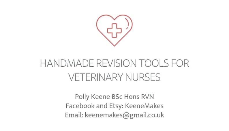 Puede incluir: Un coraz&oacute;n rojo con una cruz blanca en su interior. El texto dice "HANDMADE REVISION TOOLS FOR VETERINARY NURSES" seguido de "Polly Keene BSc Hons RVN", "Facebook and Etsy: KeeneMakes", y "Email: keenemakes@gmail.co.uk".