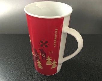 Grande tasse de café rouge de Noël Starbucks, scène de village, 18 oz