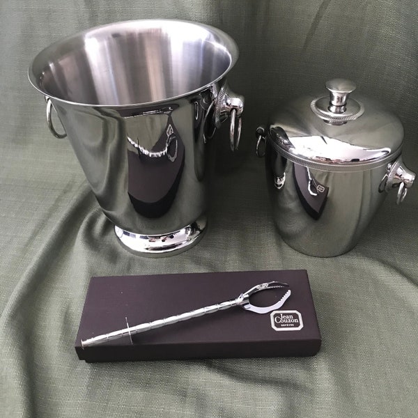 Letang Remy Stainless Steel Champagne Bucket/Ice Bucket and Jean Couzon Mechanical Ice Tongs/Grabber France Vintage 1980's