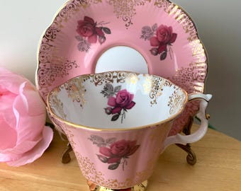 Vintage Royal Albert Bone China Pink and Rose Pattern with Gold Filigree Trim Teacup and Saucer Set England 1960's
