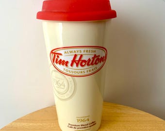 Vaso térmico de cerámica Tim Hortons Always Fresh con tapa de goma para café.
