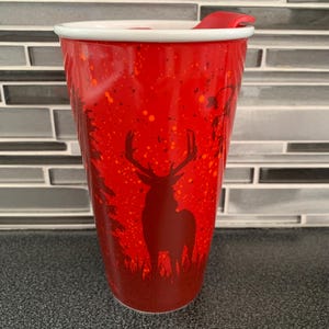 Tim Hortons Reindeer Thermos Ceramic Travel Tumbler with Lid Coffee Mug
