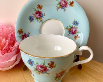 Vintage Aynsley Bone China Light Blue Floral Pattern and Gold Trim Teacup and Saucer Set England 1940's