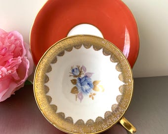 Vintage Aynsley Bone China Burnt Orange Floral and Gold Patterns Teacup and Saucer Set England 1960's