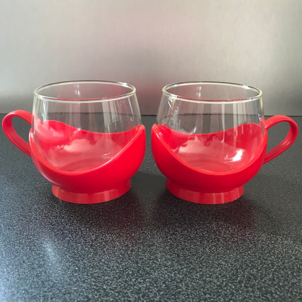 Melitta Coffee Cups Glass with Red Plastic Holder Made in Germany Set of 2