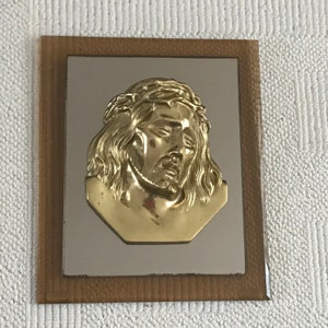 Vintage Solid Brass Face of Jesus 3D Wall Plaque Mirror on the Smoked Glass