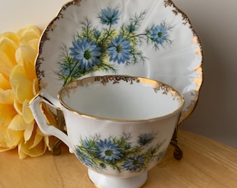 Vintage Aynsley Bone China Blue Marguerite and Gold Trim Teacup and Saucer Set England 1960's