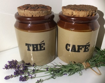 Pearsons of Chesterfield 1810 made in England Stoneware Pottery Tea (Thé) and Coffee (Café) Crock Jars - 2 Jars with Cork Lids