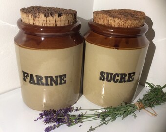 Pearsons of Chesterfield 1810 made in England Stoneware Pottery Sugar (Sucre) and Flour (Farine) Crock Jars - 2 Jars with Cork Lids