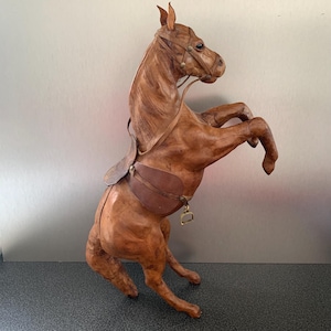 Vintage Hand Made Brown Leather Rearing Horse Figurine 15 1/2&#39;&#39; Tall