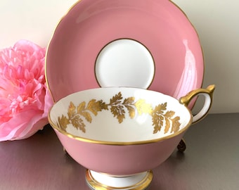 Vintage Aynsley Bone China Pink and Gold Leafs Patterns Teacup and Saucer Set England 1960's