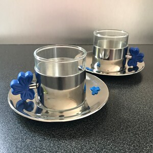 Pyrex espressokopp i glas, demitasse, 85 ml, kaffekopp, metallhylsa med fat, set om 2.