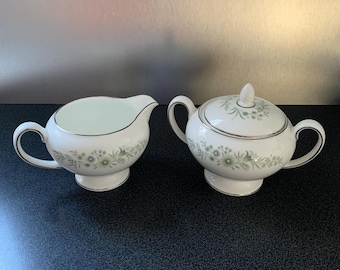 Wedgwood Westbury Green & White Platinum Trim Bone China Sugar Bowl, Creamer Set