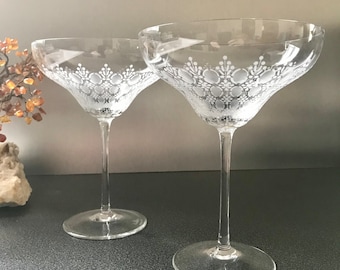 Rosenthal Champagne/Tall Sherbet Motif Romance II Studio Linie Etched Blown Crystal  Glass 6 1/2'' Germany Set of 2