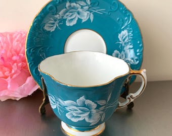 Vintage Aynsley Turquoise Bone China Floral Pattern Teacup and Saucer Set England 1940's