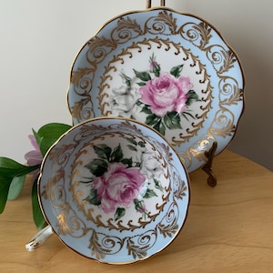 EB Foley Bone China White and Pink Cabbage Roses Footed Teacup and Saucer England