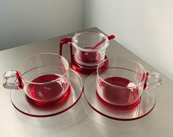 Guzzini en vidrio Fusion 2 tazas de café/té con platillos y azucarero con cuchara roja Fabricado en Italia
