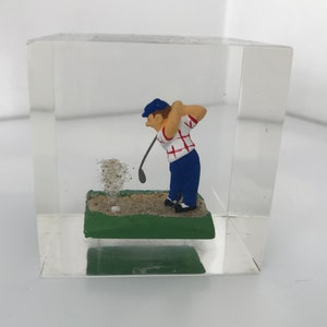 Golf Player Clearfloat Lucite Cube  Paperweight Vintage 50&#39;s
