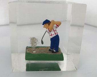 Golf Player Clearfloat Lucite Cube  Paperweight Vintage 50's
