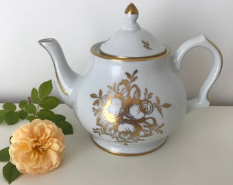 French Hand Painted White & Gold Teapot for Birks Vintage 70s