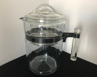 Vintage Pyrex Flameware Coffee Percolator Bakelite Handle Clear Glass  Stainless Steel 9 Cup Capacity Stovetop Made in USA 7829 