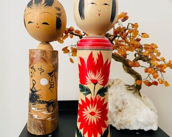 Vintage Signed Japanese Naruko Kokeshi Doll and Kokeshi Doll with Bark