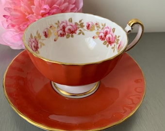 Vintage Aynsley Bone China Orange and Pink Rosebud Patterns Teacup and Saucer Set England 1960's