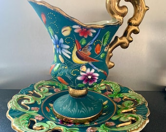 HB Hubert Bequet Quaregnon Faïence Jug and Plate Set Hand Painted Belgium