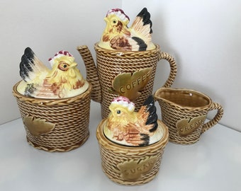 Rossini Hen/Rooster on Basket Japan Ceramic Coffee Pot and Candy/Jam Bowl with lid