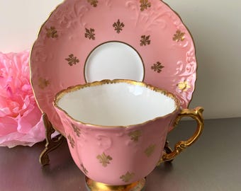 Vintage Aynsley Pink Bone China Gold Fleur-de-Lis Pattern Teacup and Saucer Set England 1930's