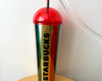 New Starbucks Metallic Red, Green & Gold Stripe Cold Cup Dome Tumbler 24oz