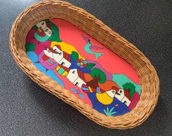 La Palma Folk Art from El Salvador Painted Real Wood Basket Style Decorative Tray