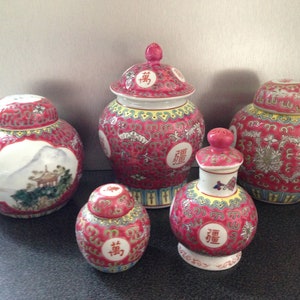 Vintage Chinese Mun Shou Porcelain 5 Jars Longevity Famille Rose Pattern by Jingdezhen Factory